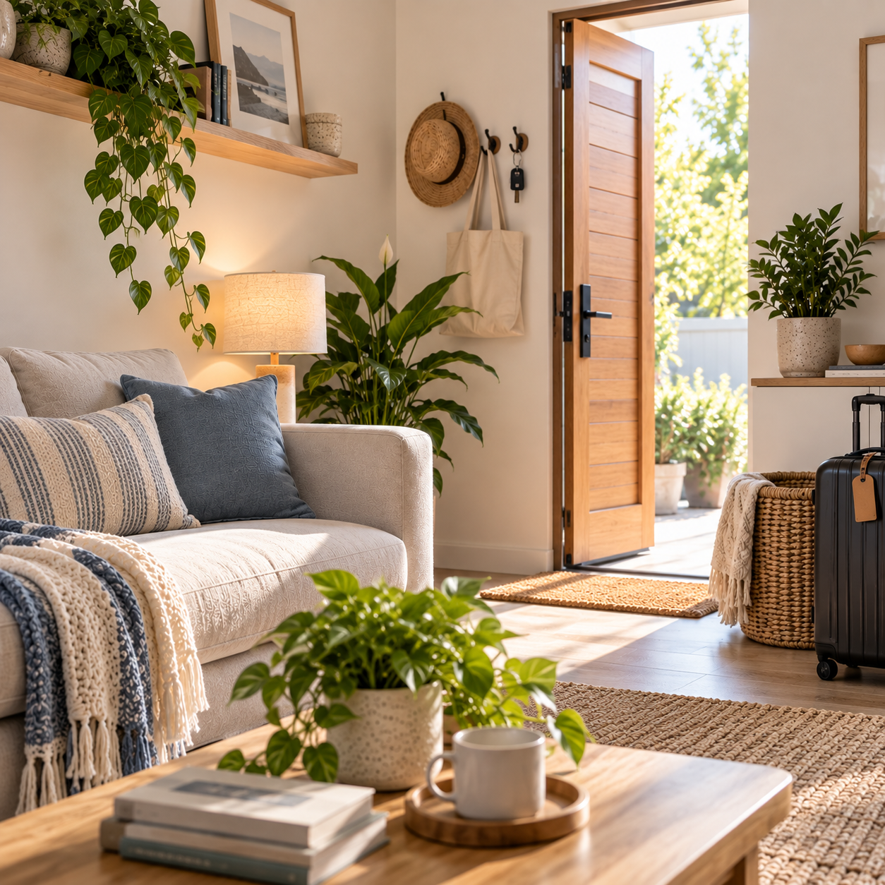 Bright modern living room prepared for house sitting with a cosy sofa, indoor plants, open front door and travel suitcase.