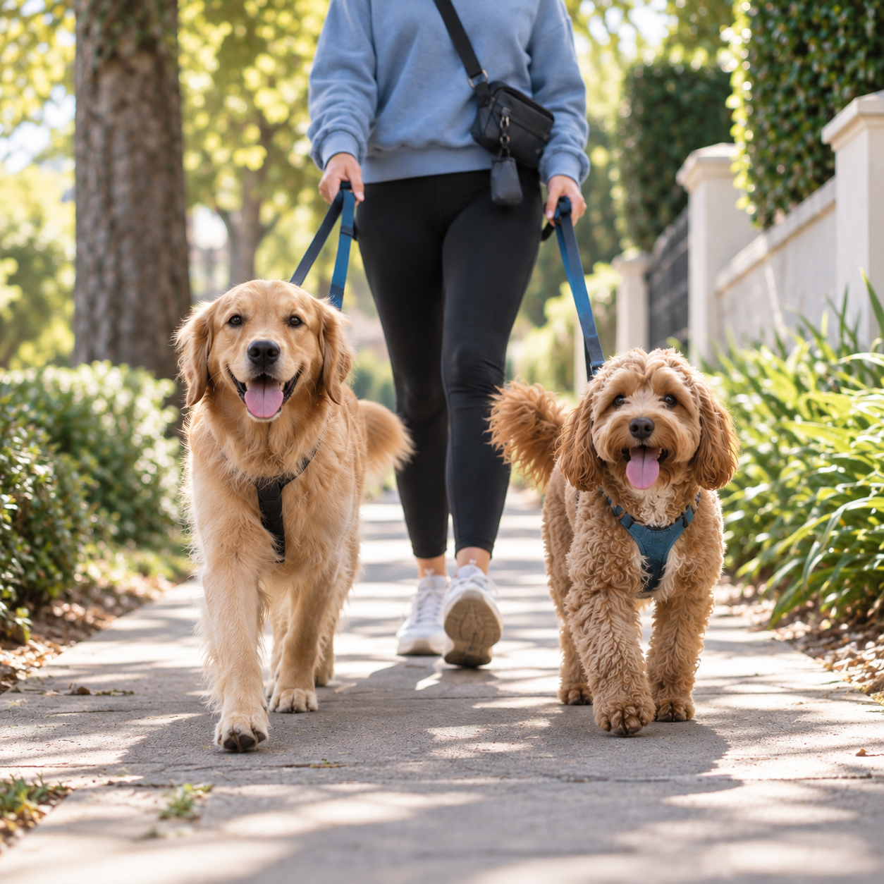Woman walking two dogs along a sunny, tree-lined neighbourhood path, representing Guilt-Free Getaways dog walking services.