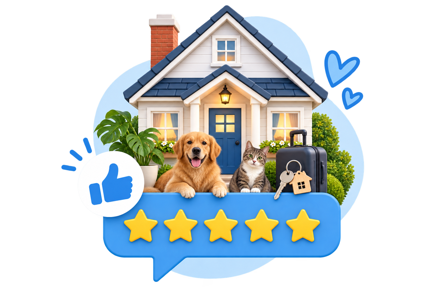 House sitting service with a modern home, garden and five-star review graphic.