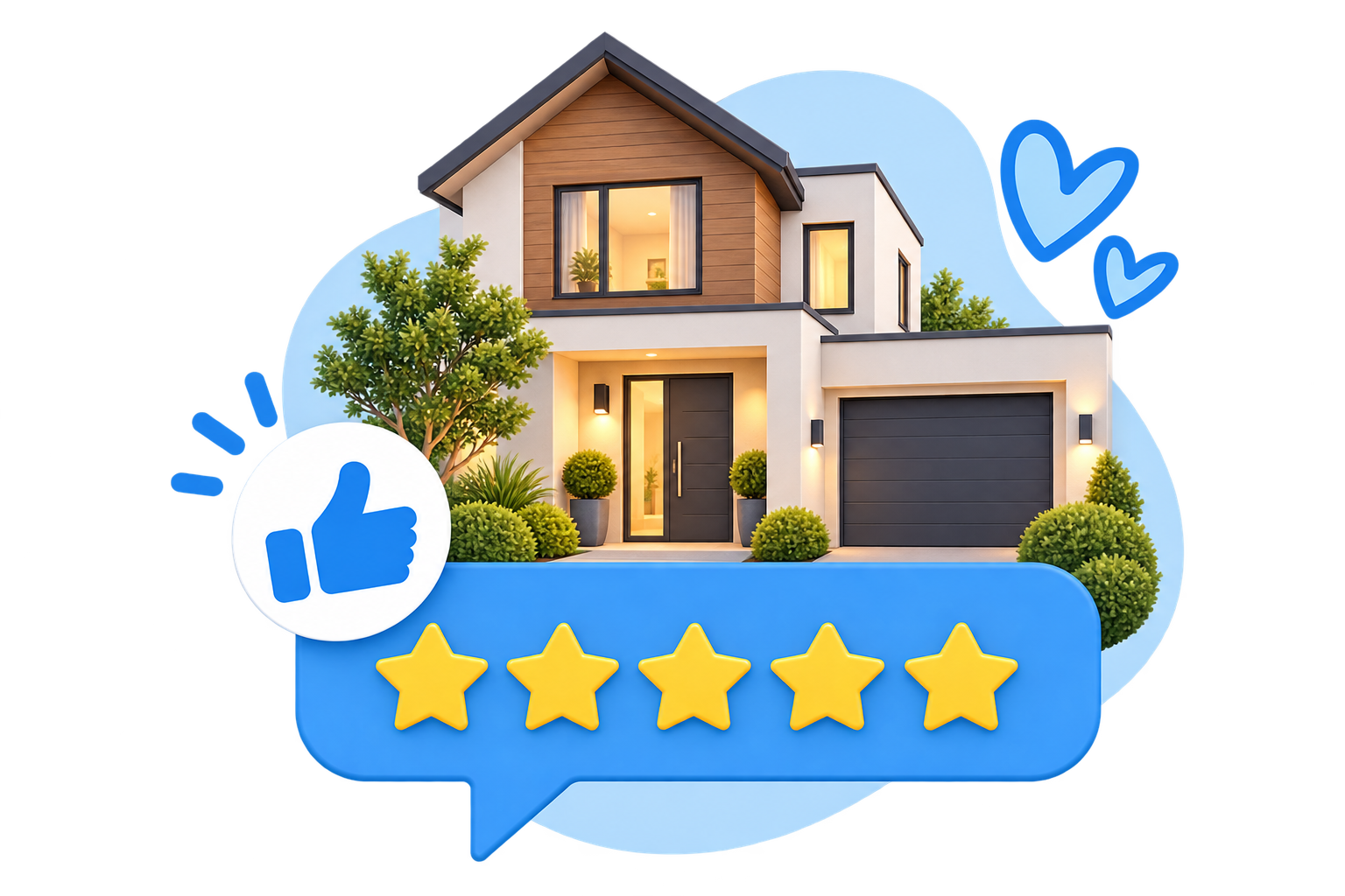 House sitting service featuring a modern two-storey home with garden and five-star rating.