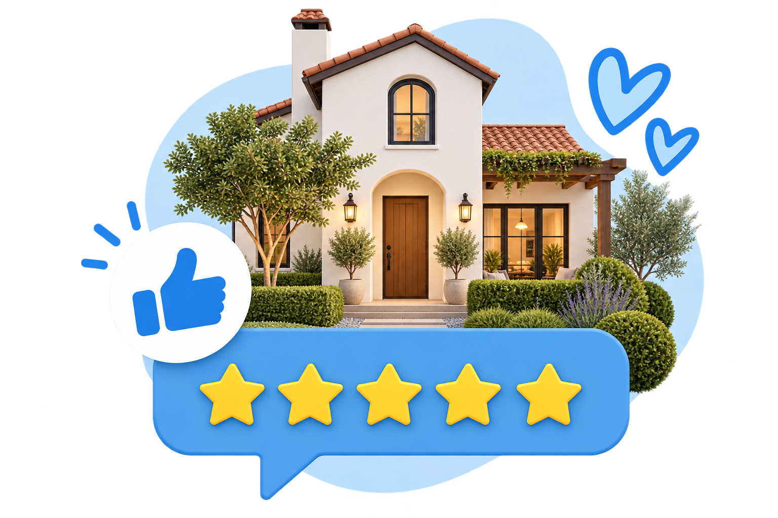 House sitting service featuring a Mediterranean-style home, landscaped garden and five-star review graphic.