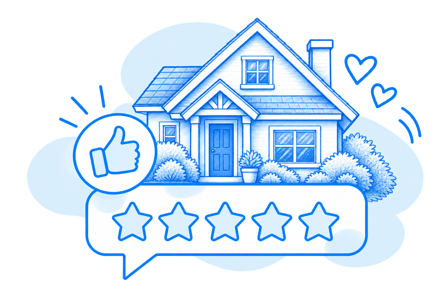 Blue illustration of a friendly cat with a five-star rating