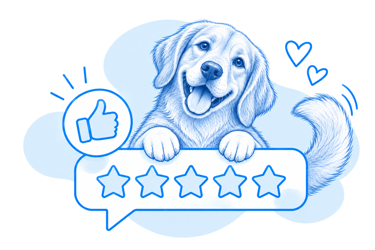 Blue illustration of a happy dog with a five-star rating
