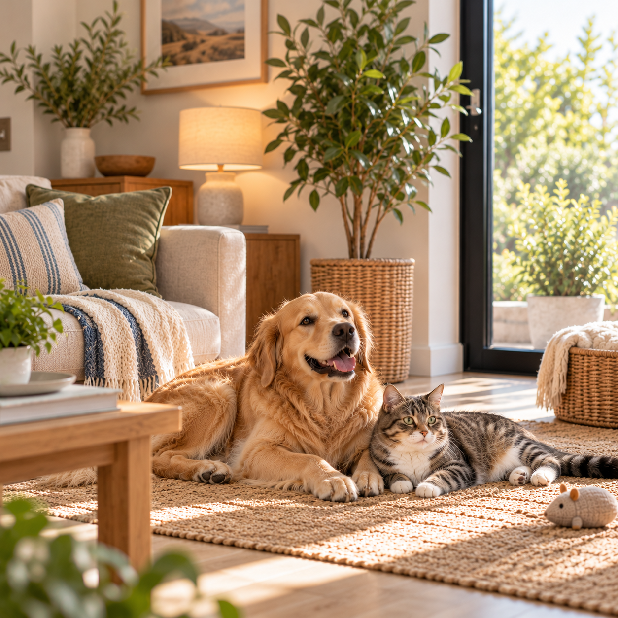 A golden retriever and tabby cat relaxing together in a warm, welcoming home, reflecting the personal care and peace of mind Guilt-Free Getaways provides.