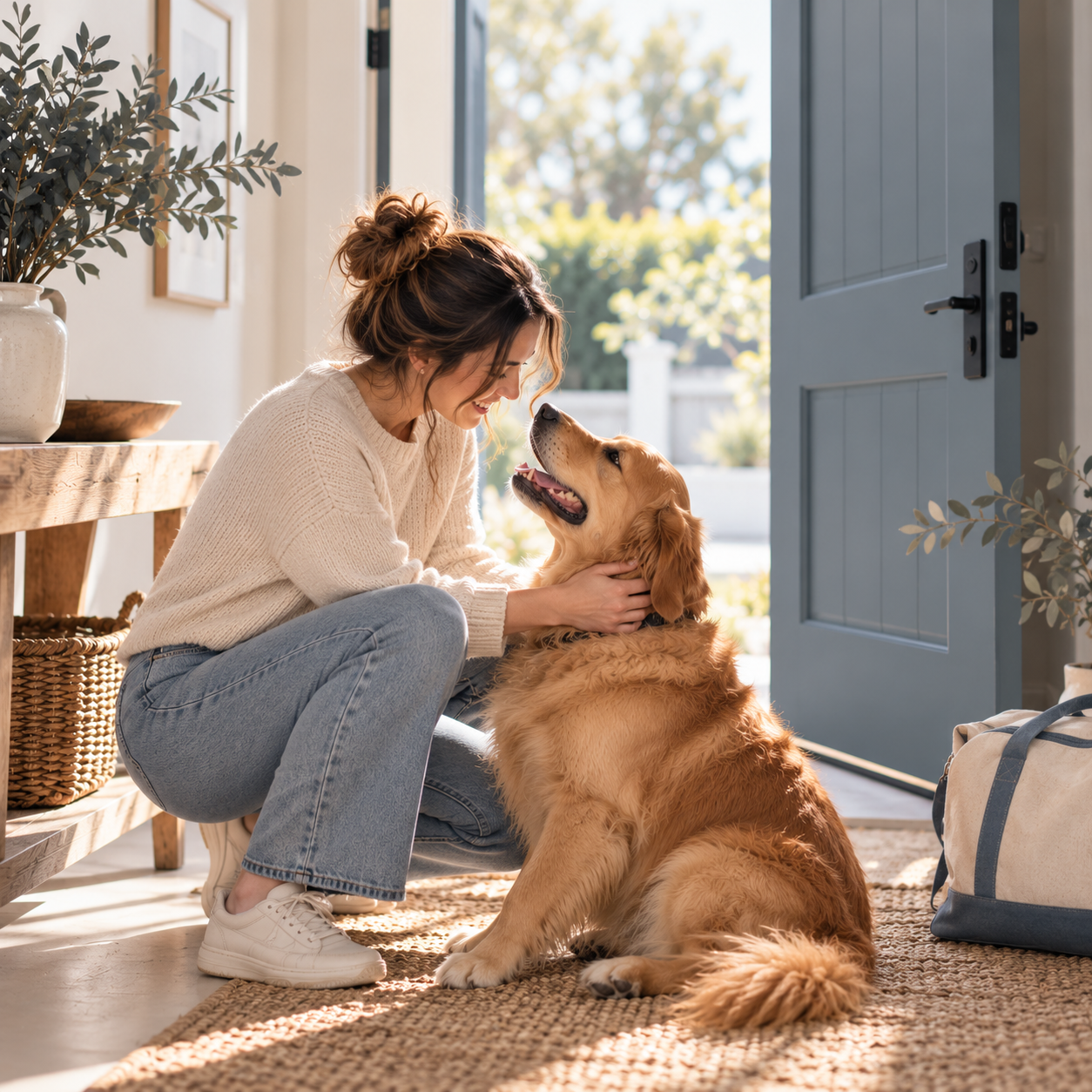 Woman affectionately greeting a golden retriever in a welcoming home, representing Guilt-Free Getaways' trusted house and pet sitting services.